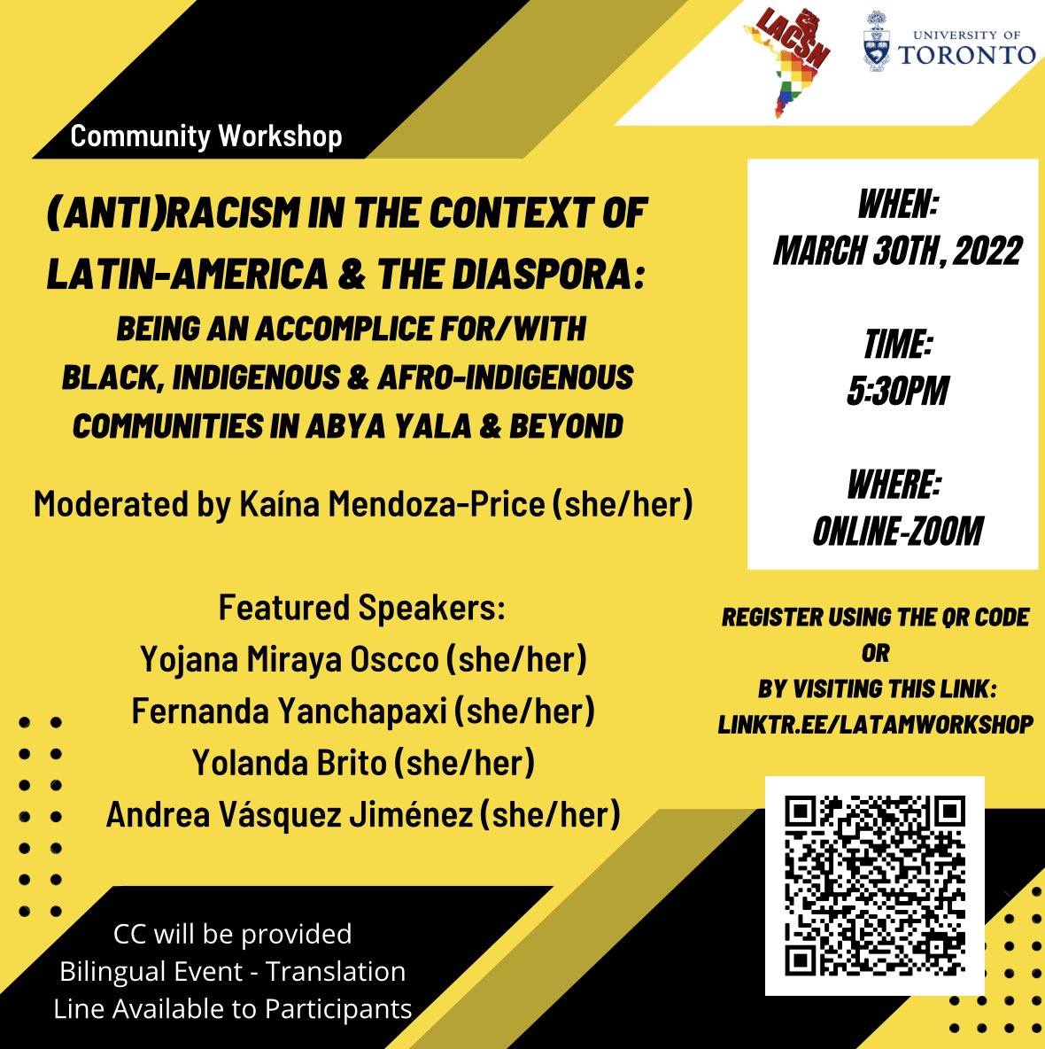 Comunidad!!! Este 30 de marzo! (Anti)Racism in the Context of Latin-America &amp; the Diaspora: Being an Accomplice for/with Black, Indigenous &amp; Afro-Indigenous Communities in Abya Yala &amp; Beyond✊🏽✊🏾✊🏿  

Register: eventbrite.ca/e/antiracism-i… @LacsnRed #onted