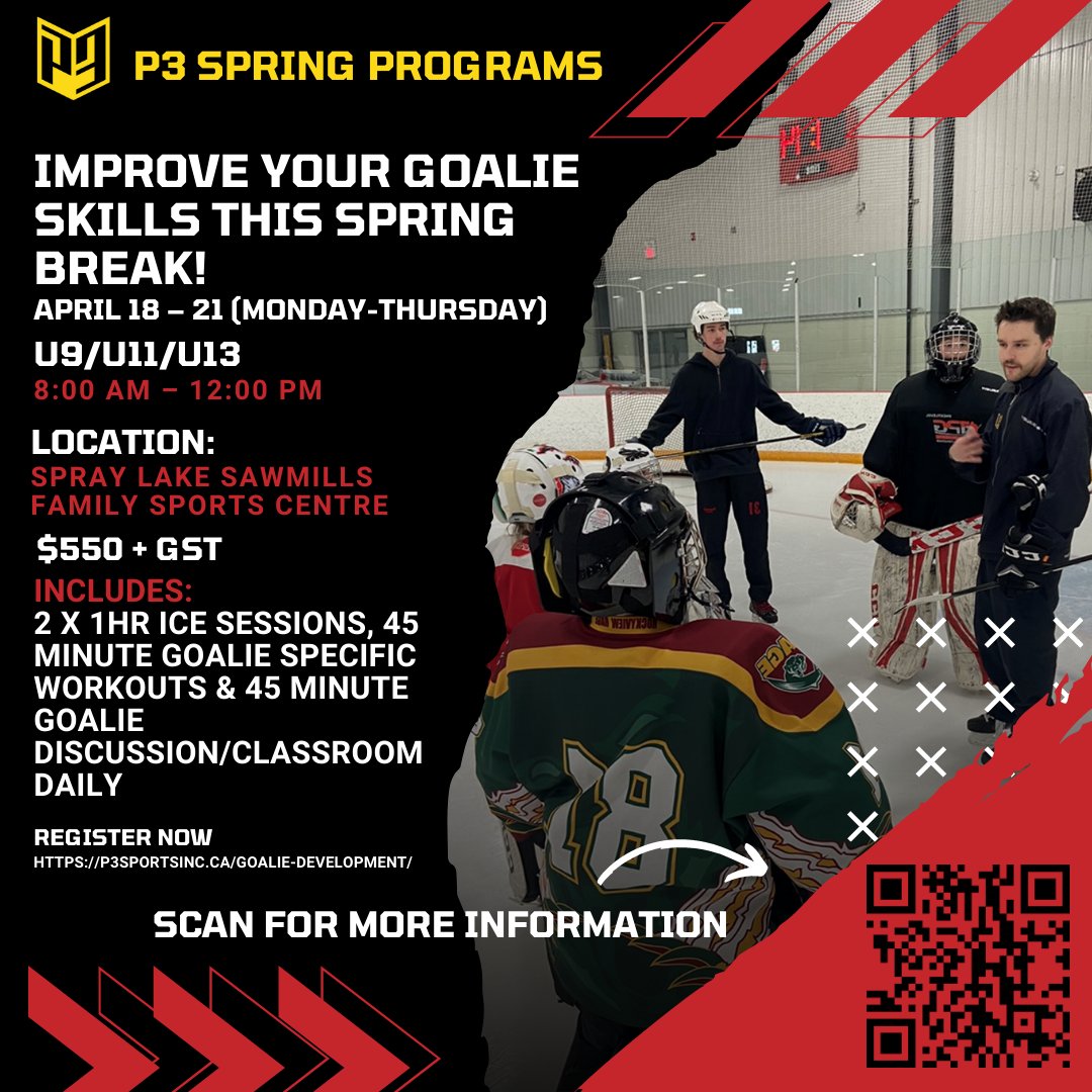 P3Sports_'s tweet photo. Elevate your goaltending skills heading into spring! REGISTER NOW for the P3 Spring Break Goalie Camp 🥅🥅🥅

—

REGISTER ➡️  https://t.co/oSaPvE2RRL

#P3Sports | https://t.co/STFL2i4JhS

#goaltending #goalie #goalietraining #p3sports #hockey #hockeycanada #hockeyprogramsyyc https://t.co/mAxtiebjOI