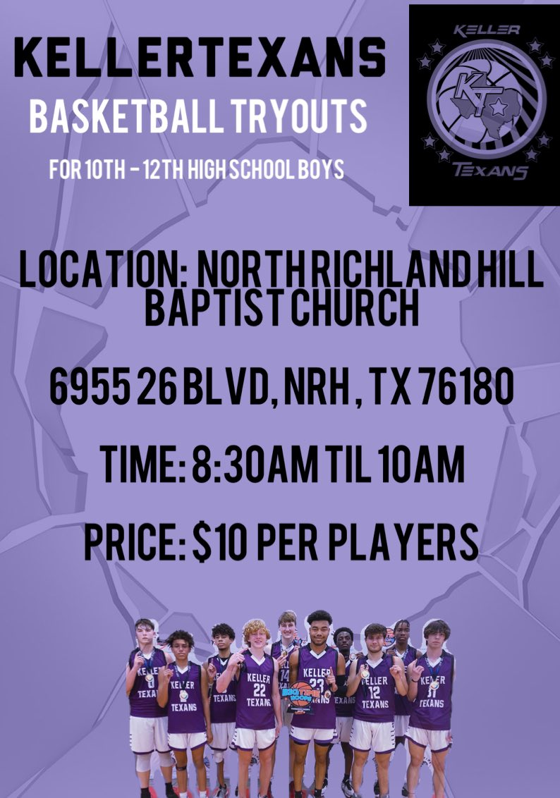 Kellertexansbb's tweet photo. Its time for tryouts, all you have to do is register and show up.
Register here:
https://t.co/xErviny4XI
#KellerTexans #KTB22 #kellertexansbb @kellerboysbball @CentralHoops @FRhoops @EatonEagleHoops @TCHoopS https://t.co/9YvgLNnRmn