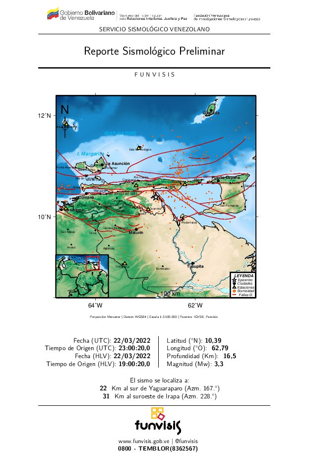 FUNVISIS's tweet photo. FUNVISIS
Sismo no sentido
2022/03/22 19:00
Mag (Mw): 3.3
Prof: 16.5 km
Epicentro: 10.39 N 62.79 O
22 km al sur de Yaguaraparo https://t.co/PoGCx1WRZz