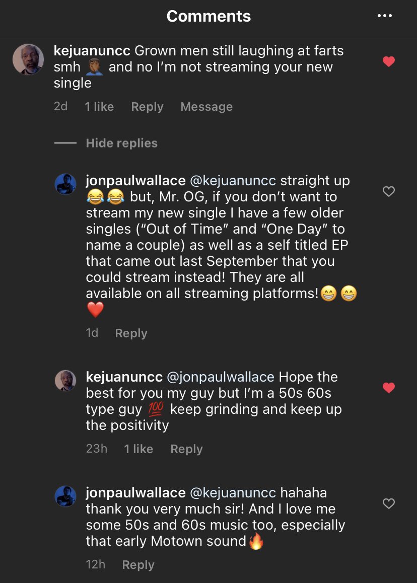 jonpaulwallace's tweet photo. I started responding to rude comments by telling them to stream my newest single and the results have been incredible https://t.co/x4cDrzqLQM