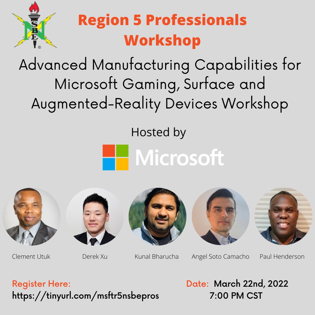 Don't forget to join us tonight at 7pm CST! Join Region 5 Professionals for this workshop in partnership with Microsoft on topics surrounding Hardware, Electronics, Manufacturing Testing, and Enterprise Supply Chain. #microsoft #nsbe48 #r5nsbepros