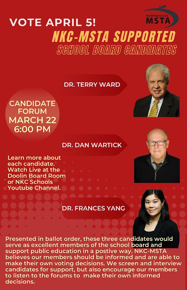 nkcmsta's tweet photo. We are supporting @TerryWardKC @Dan_Wartick_NKC &amp; Dr. Frances Yang. Vote April 5th! 

@NKCSchools #NKCSD #NKCMSTA #MSTA #NKCSchoolBoard https://t.co/0cwIMaZNZe