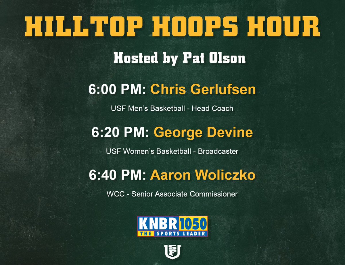 PatOlsonUSFDons's tweet photo. Join me at 6:00 on @KNBR 1050am for our final Hilltop Hoops Hour show as we talk @USFDonsMBB and @USFDonsWBB, Guests include @CoachCeeGee, @GeorgeDevinePxP and @AWoliczko from @WCCsports.
#DonsHoops
#WCCHoops
Live Link:
https://t.co/Xrs17P8zXT https://t.co/JpazgIMsa6