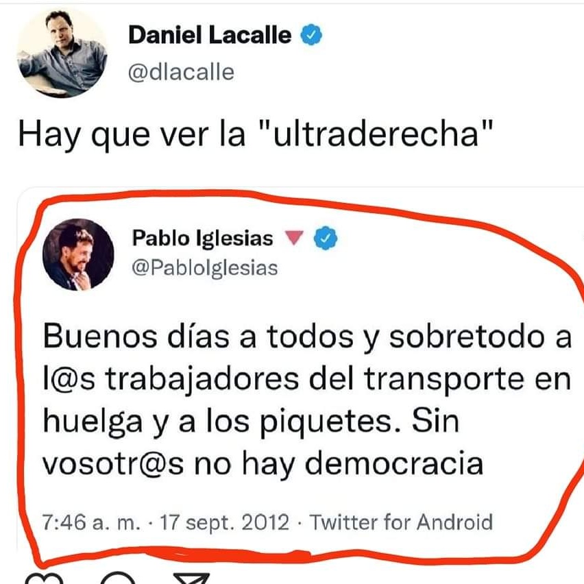 pepone70's tweet photo. @vigobulldog Ahora Pablo Iglesias es la ultra derecha?🤷‍♂️🤷‍♂️🤷‍♂️🤷‍♂️🤷‍♂️ https://t.co/G6RctbuMxy