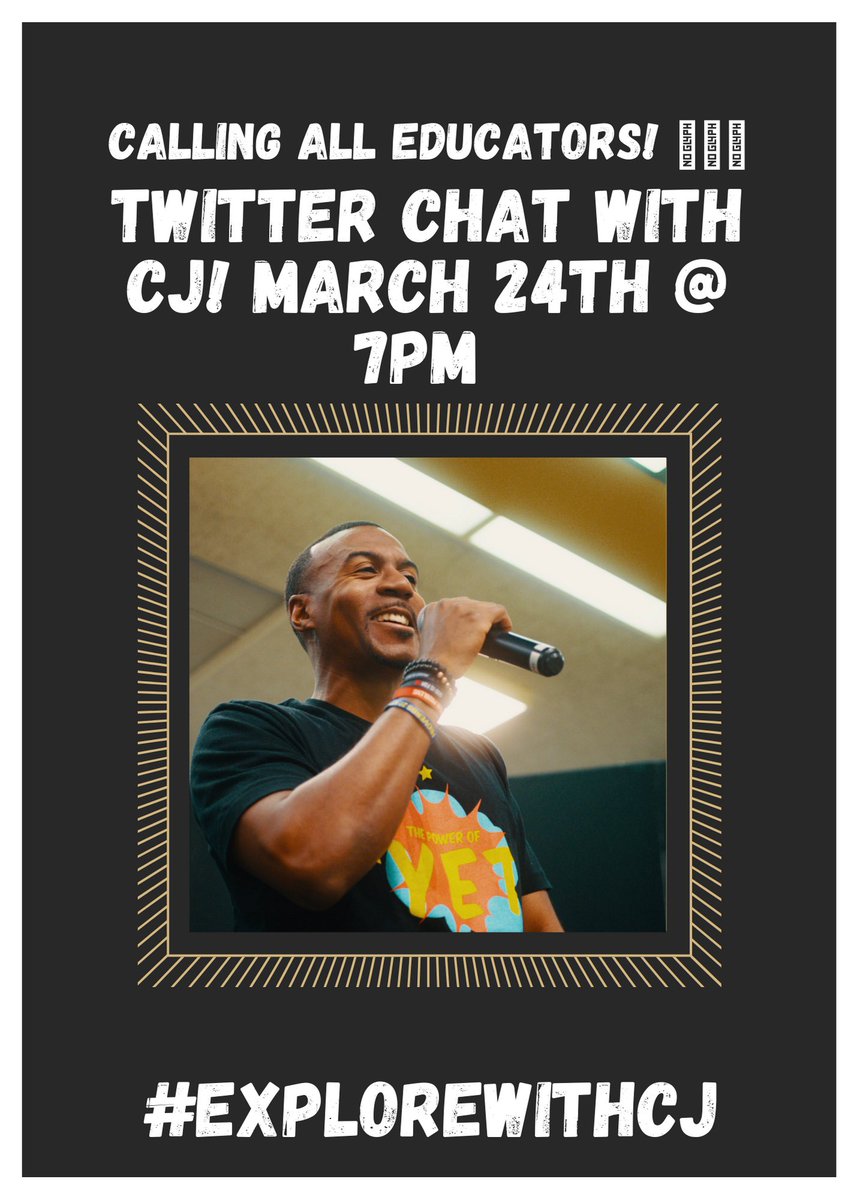 Hey educator friends! Join me on Thursday, March 24th @ 7pm as we EXPLORE some topics together! I have a few questions for you guys &amp; would love to hear your feedback! #Retweet this &amp; encourage your educator friends to join us Thursday evening! 🏔🚀🍃🔍 use hashtag #ExploreWithCJ