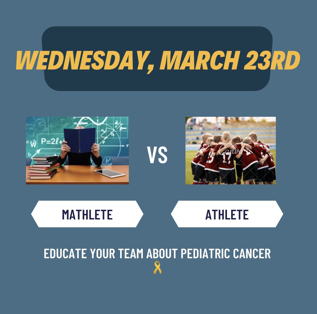 Spirit week day three! Wednesday, March 23rd is Mathlete vs. Athlete! Educate your team about pediatric cancer! Don’t forget to keep bringing your change!! 🎗 
#FTK #strongertogether #partnersinthefight