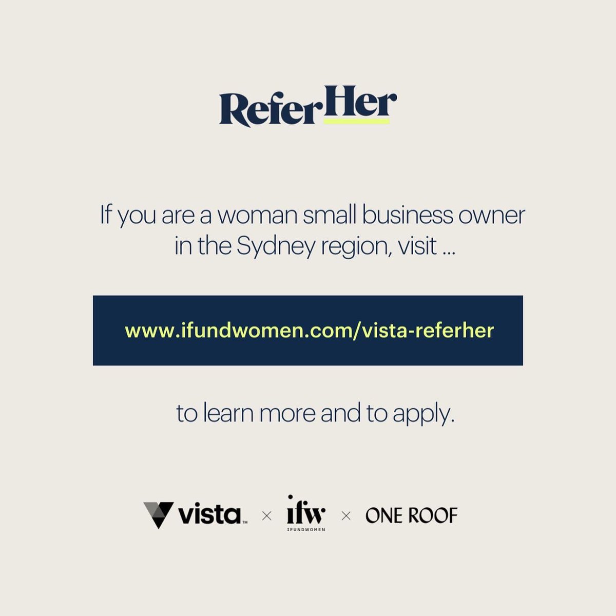 weareoneroof's tweet image. We are so excited to announce ReferHer a program we are involved in led by @Vistaprint @IFundWomen to support women-led small businesses in Syd. Apply for access to capital, biz coaching &amp;amp; connections via ifundwomen.com/vista-referher