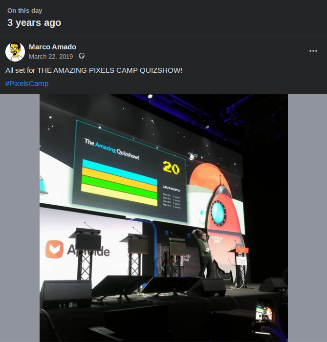mjamado's tweet photo. In what feels like a lifetime ago, we were getting ready to go on stage for The Amazing @pixelscamp #QuizShow

Thanks for all the laughs, partner @kill_master, QuizMaster @carlosefr, and host @celso. https://t.co/Vw6E4fsgtk