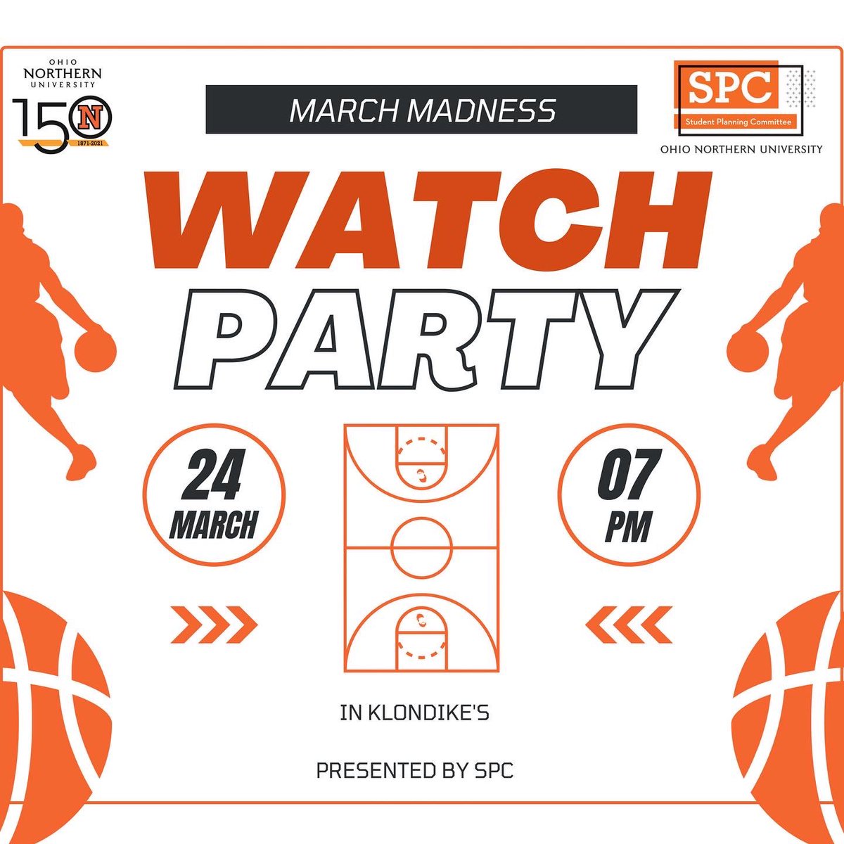 ONUSPC's tweet photo. March Madness Watch Party🏀 Thursday, March 24th at 7 pm in Klondike’s. Join us to watch 2 of the live basketball games! https://t.co/ALFkH44tur