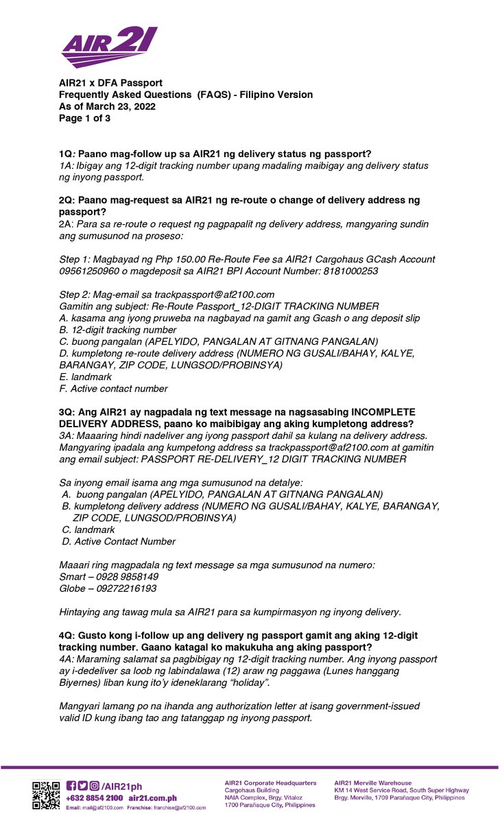 AIR21PH's tweet photo. AIR21 x DFA Passport 
Frequently Asked Questions (FAQs) - Filipino Version
As of March 23, 2022 https://t.co/dR4WGJeI25