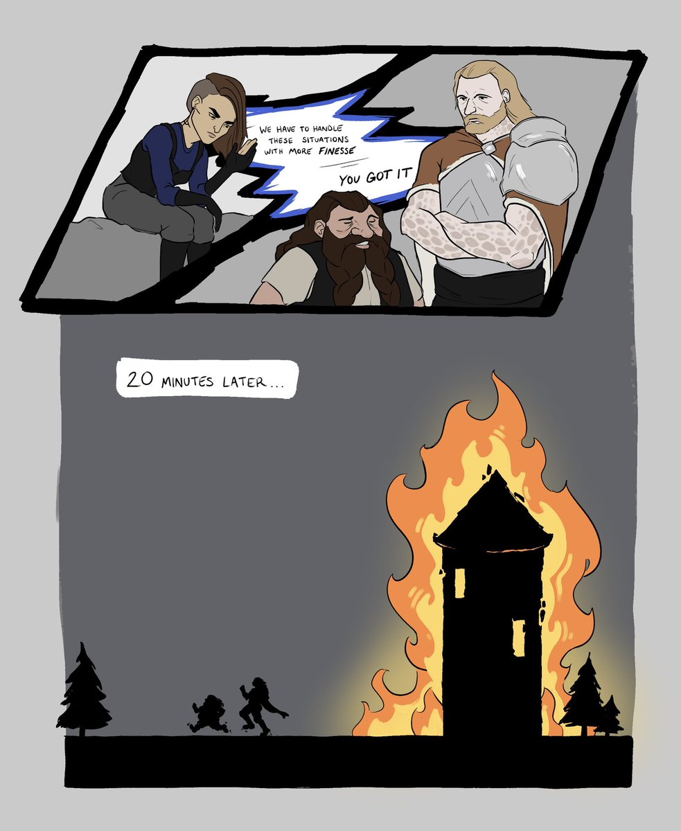 a_maizeing's tweet photo. A level 3 dwarf and goliath walk into an abandoned wizard tower…

they prematurely meet the bbeg, completely dissolve him with a wild magic surge, and accidentally burn the tower to the ground.

I love dnd
#DnD #dnd5e #dndart #TTRPGs https://t.co/DvQ7W56u13