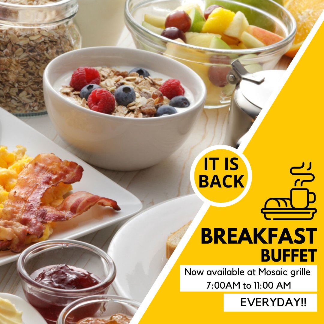 Grain_Bar's tweet photo. We are back and better than ever !!! We listened, and we have brought back the Mosaic Breakfast Buffet. It is now available every day from 7:00 AM to 11:00 AM
Come and feast with us and enjoy our custom omelet station, Along with classic breakfast favorites. 
#yvreats #breakfast https://t.co/JUyz6G4U59
