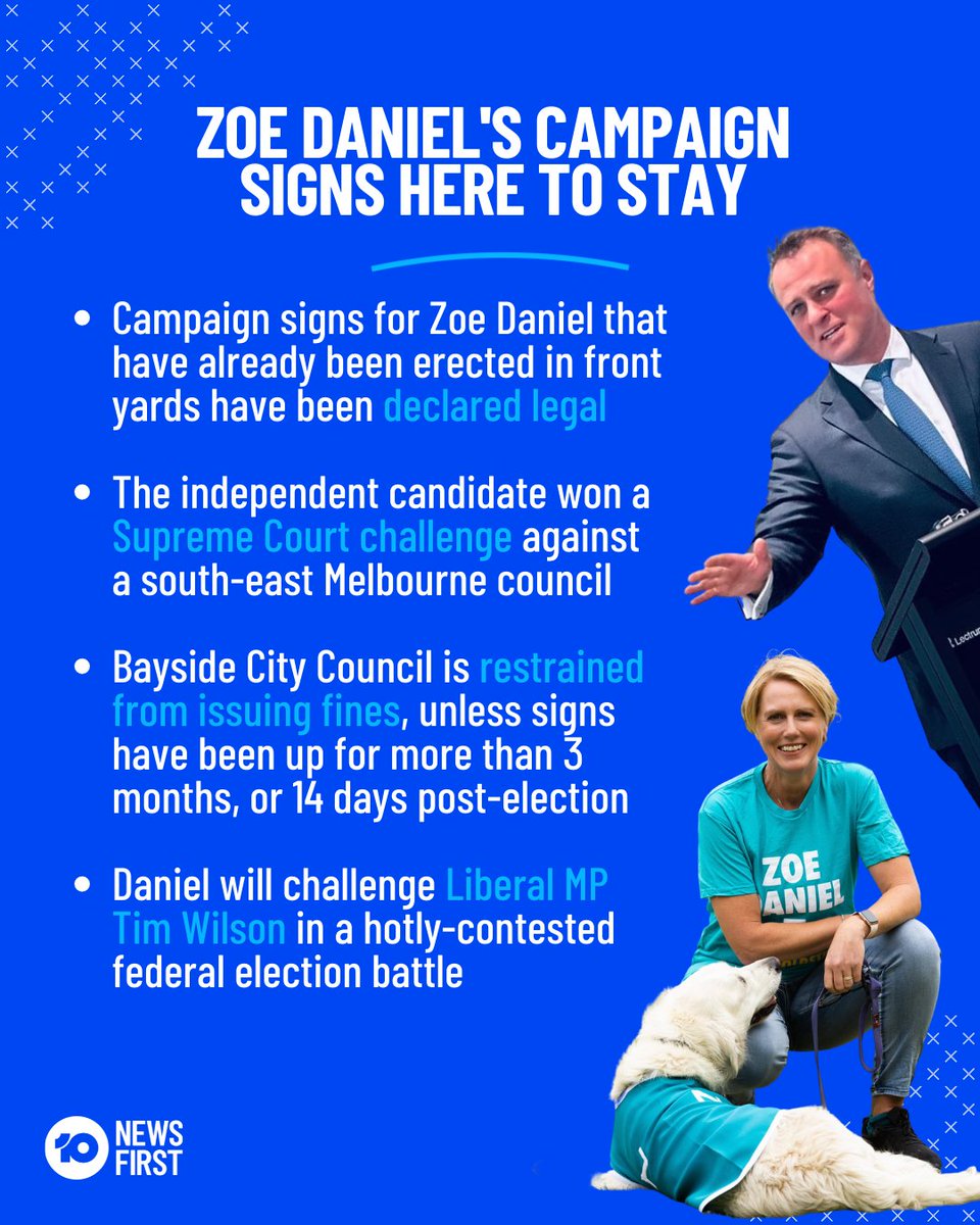 10NewsMelb's tweet photo. Melbourne independent federal election candidate @zdaniel's signs have been declared legal by the Supreme Court.
The Goldstein candidate's signs are already up across the electorate despite an election not being called, which sparked outcry from her Liberal opponent, Tim Wilson. https://t.co/DcFxnmSgPi