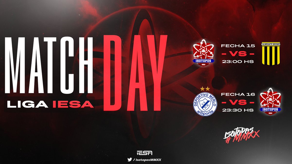 | #ClubesPro | #FIFA22 | #PS4 

⚽️MatchDay
🏆 Segunda División <a href="/IESAFIFAar/">IESA Argentina</a> 
--
🗓️ Fecha 15
🆚 <a href="/almirante_sport/">Almirante Brown eSports</a>
🕒 23:00hs
----------------
🗓️ Fecha 16
🆚 <a href="/CSDMerloeSports/">CS Deportivo Merlo eSports</a>
🕒 23:30hs
----------------
#GoIsotopos❤️🤍💙

📺 Twitch.tv/isotoposmmxx_o…

|| Desing by <a href="/NK_Creative/">NK Creative</a> || 💣