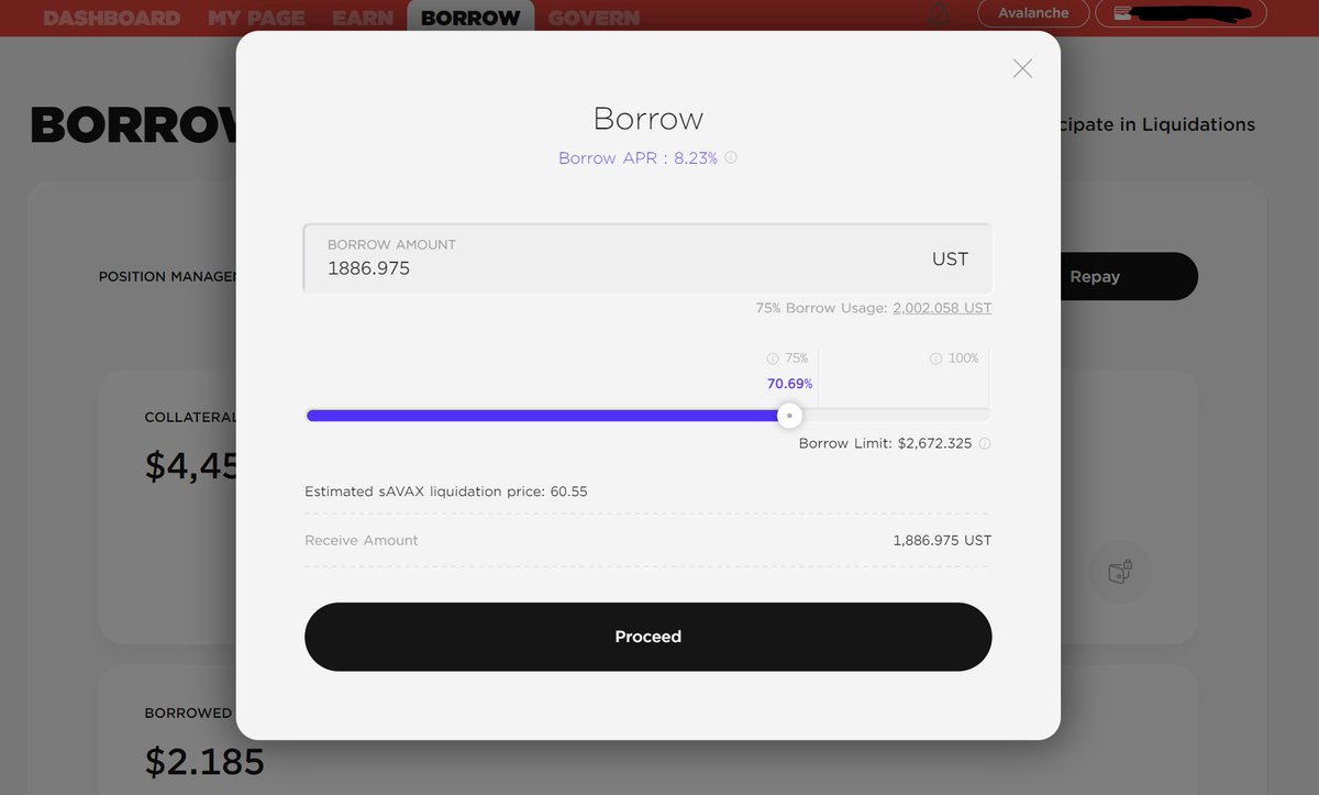 5/ Click “Provide” next to the sAVAX collateral option, input your sAVAX  borrow amount. Once complete, click the borrow button and set a safe borrow  utilization of 75% or less. @wormholecrypto $UST