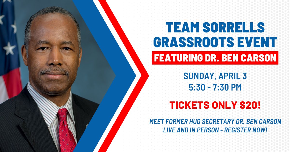 Dr. Ben Carson is coming to Tarrant County! Join us for our Team Sorrells Grassroots event and meet Dr. Ben Carson on Sunday, April 3. Tickets are only $20! Secure your spot and buy tickets online at eventbrite.com/e/grassroots-e….