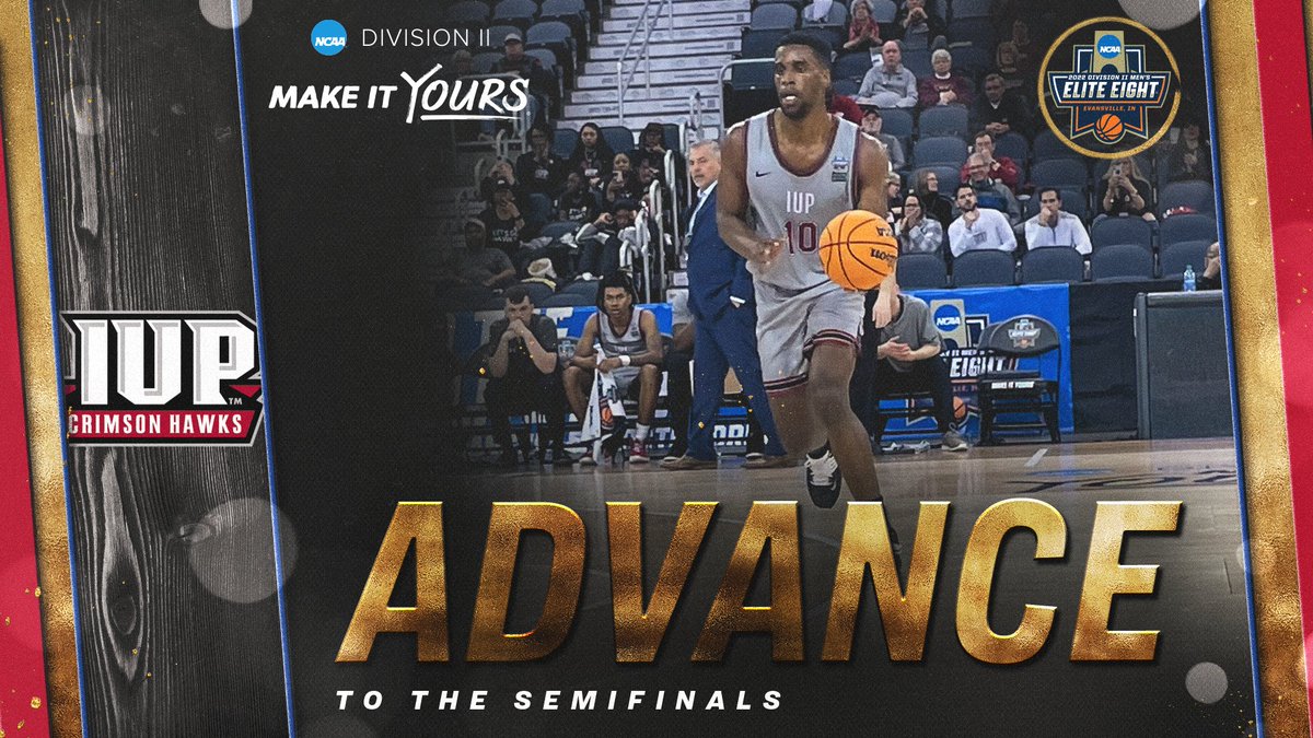 NCAADII's tweet photo. @IUPCrimsonHawk advances to the semifinals of #D2MBB Elite Eight!

#MakeItYours | #NCAAD2 https://t.co/yKHMM0662Z