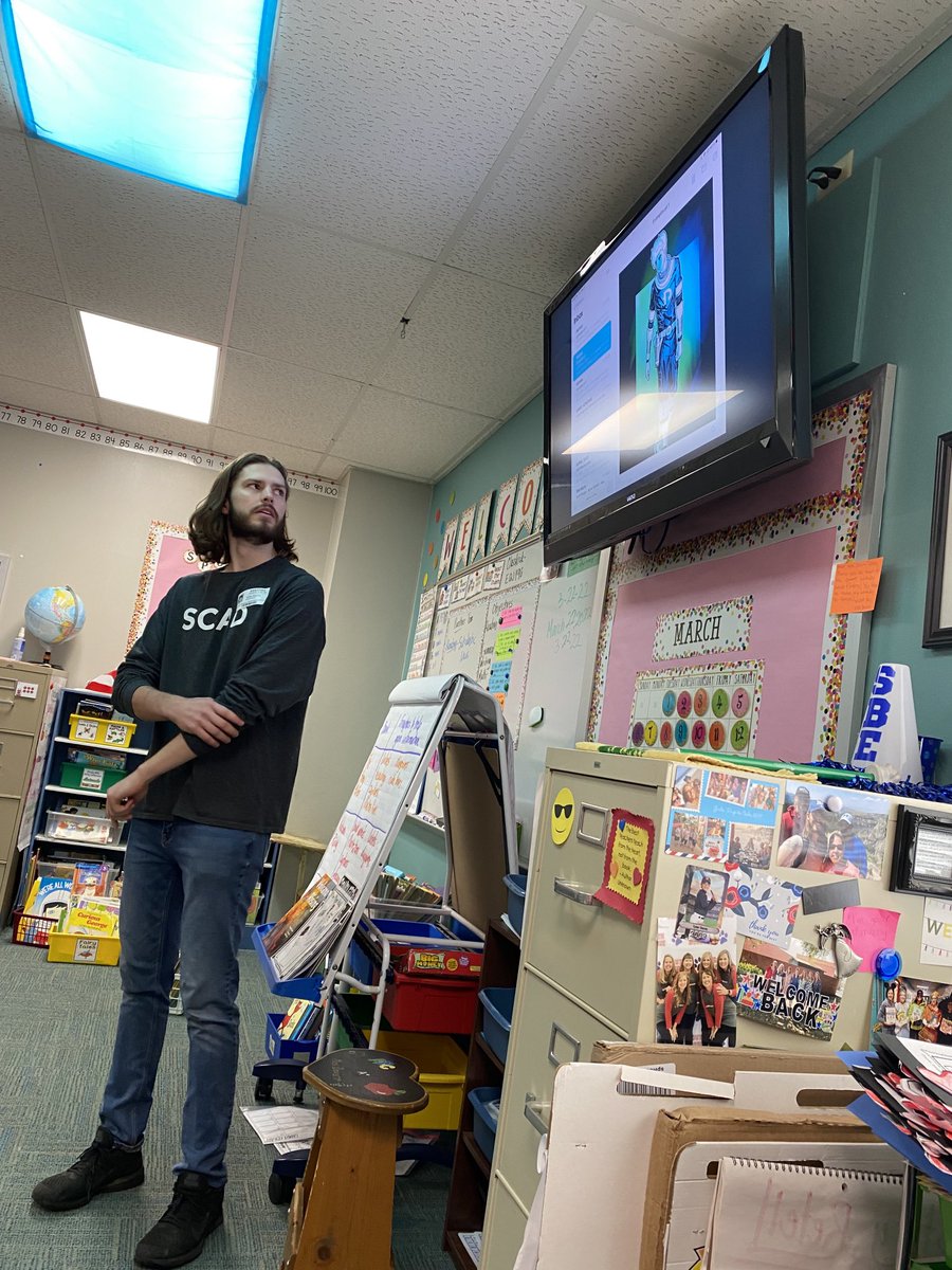 MrsDavisSBE2's tweet photo. My #scad almost grad (and ⁦@SouthBosque⁩ alum) came to draw with my class today! They said he should sell his artwork someday! Lol! Yes! That’s the goal, kids! 😉 ⁦⁩ #SBEbrightfutures https://t.co/d90dZk31vC