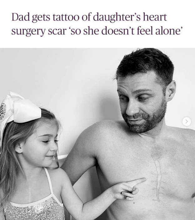 "I have this zipper line here." But Everly is no longer the only person in her family with a zipper line, her dad got a tattoo on his chest that looks like her scar so that if they go to the pool or a beach, she’ll always have someone else close by with a similar mark ❤️