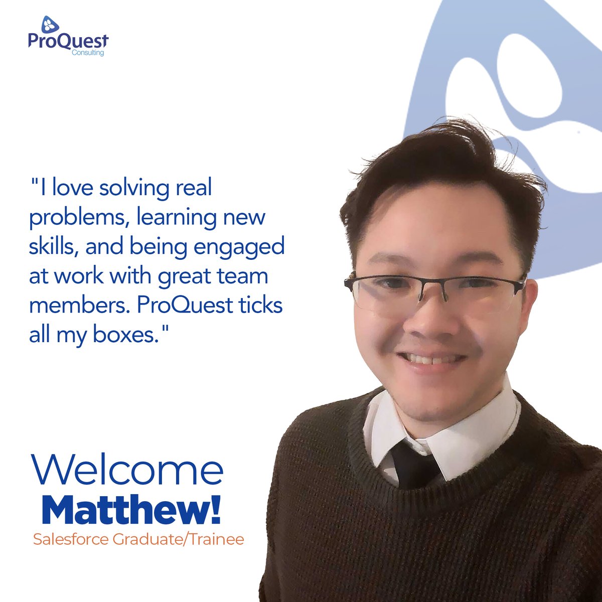 Say hello to our newest PQ team recruit Matthew, our new <a href="/salesforce/">Salesforce</a> Graduate/Trainee! 👋

We asked him a few questions to get to know him better👇

bit.ly/3NdAFzj

#ProQuest #Salesforce #SummitPartner #team #culture