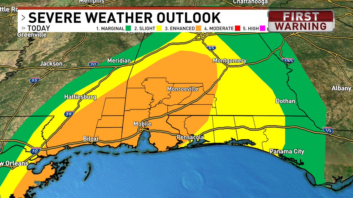 WEARAllenStrum's tweet photo. Severe weather outlook: 
Enhanced risk (3 out of 5) for severe weather now posted over portions of northwest Florida along with southwest Alabama. https://t.co/i2KIfjfuCu