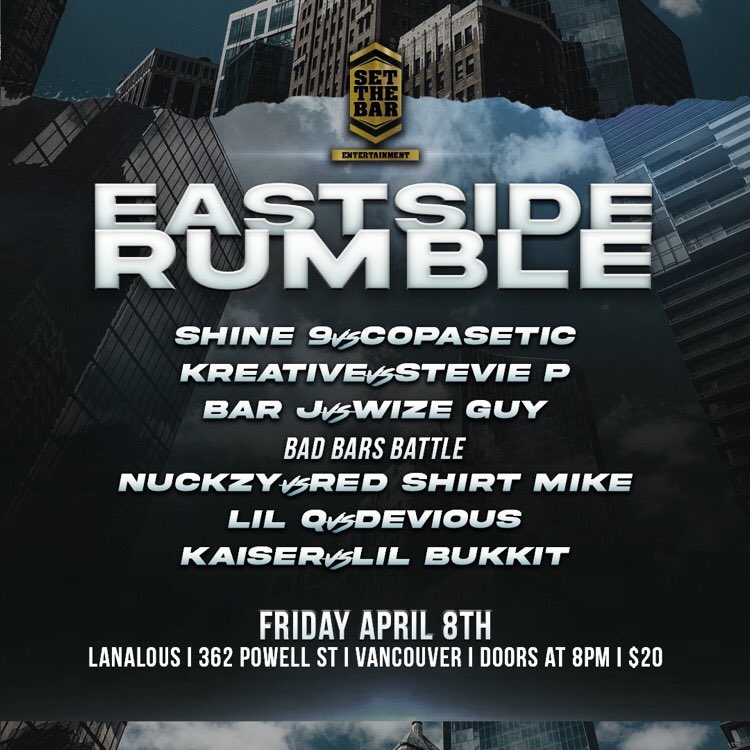 SetTheBarEnt's tweet image. Presenting the full lineup for Eastside Rumble! Come out on April 8th to LanaLou’s for a great night of battles, or give the Set The Bar Twitch page a follow if you’re out of town. What’s your favourite battle on the card? 🧐 twitch.tv/SetTheBarEnt 🎥