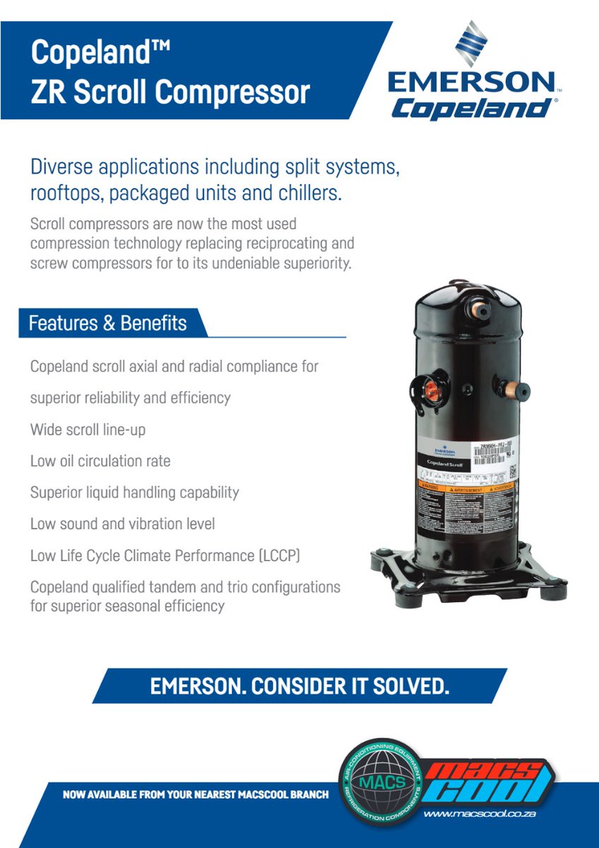 MACS_cool's tweet image. Copeland - Tomorrow&apos;s Compressors Today.

Emerson - Consider it Solved.

Contact us today for your expert advice and high-quality products.

#macscool #copeland #emerson #compressor