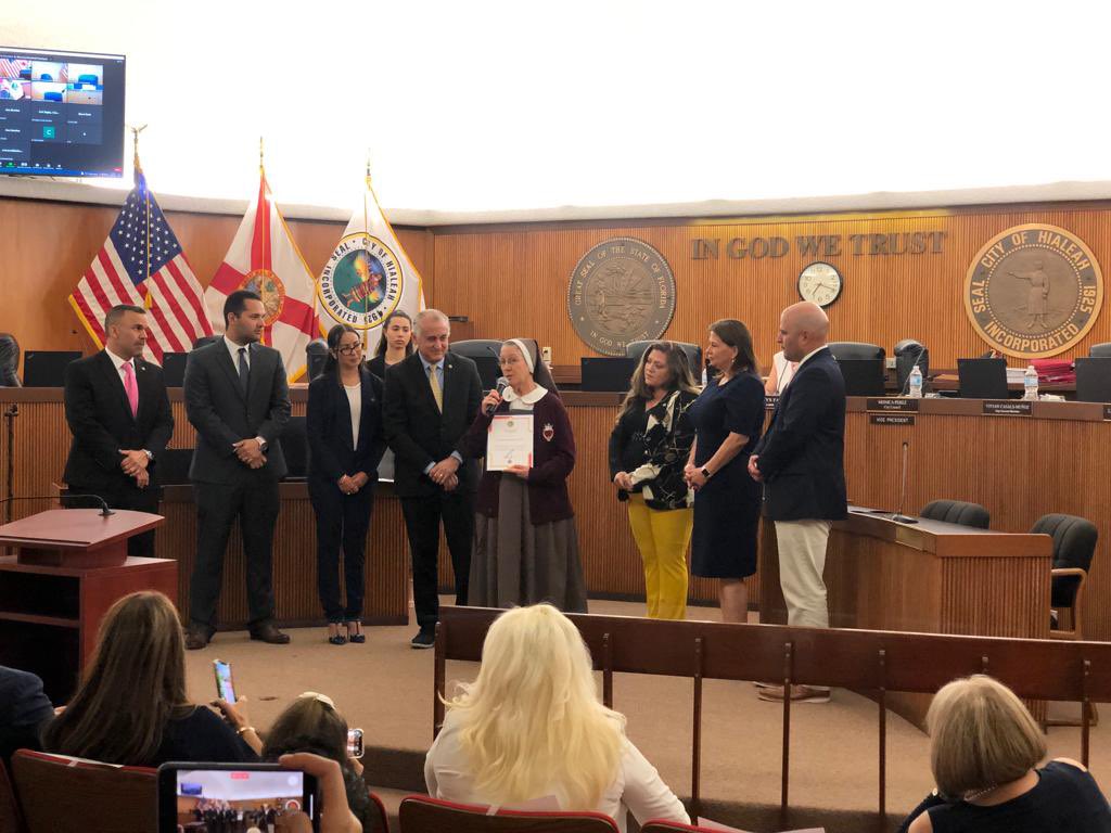 sctjm_servants's tweet photo. On March 22, 2022 Mother Adela, Foundress SCTJM received a special recognition on leadership and contribution for the community by the mayor and council members of the City of Hialeah.👏🏼⭐️♥️ #sctjm #goGod #allforhisglory #mariancharism #evangelization #loveforsouls https://t.co/zm0Ax53IvG