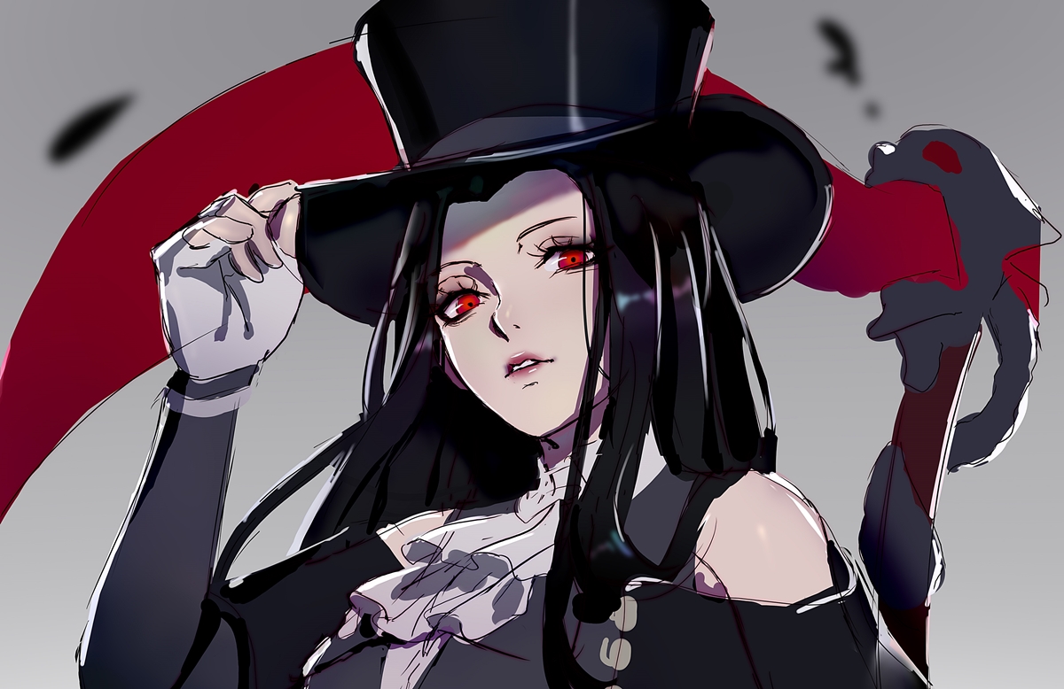 black hair top hat red eyes long hair hat 1other gloves  illustration images