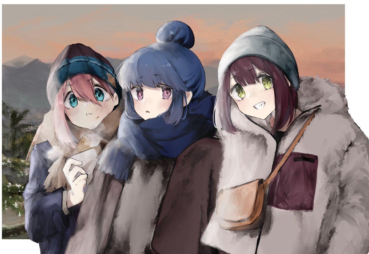 kagamihara nadeshiko ,shima rin multiple girls 3girls blue hair pink hair green eyes food scarf  illustration images