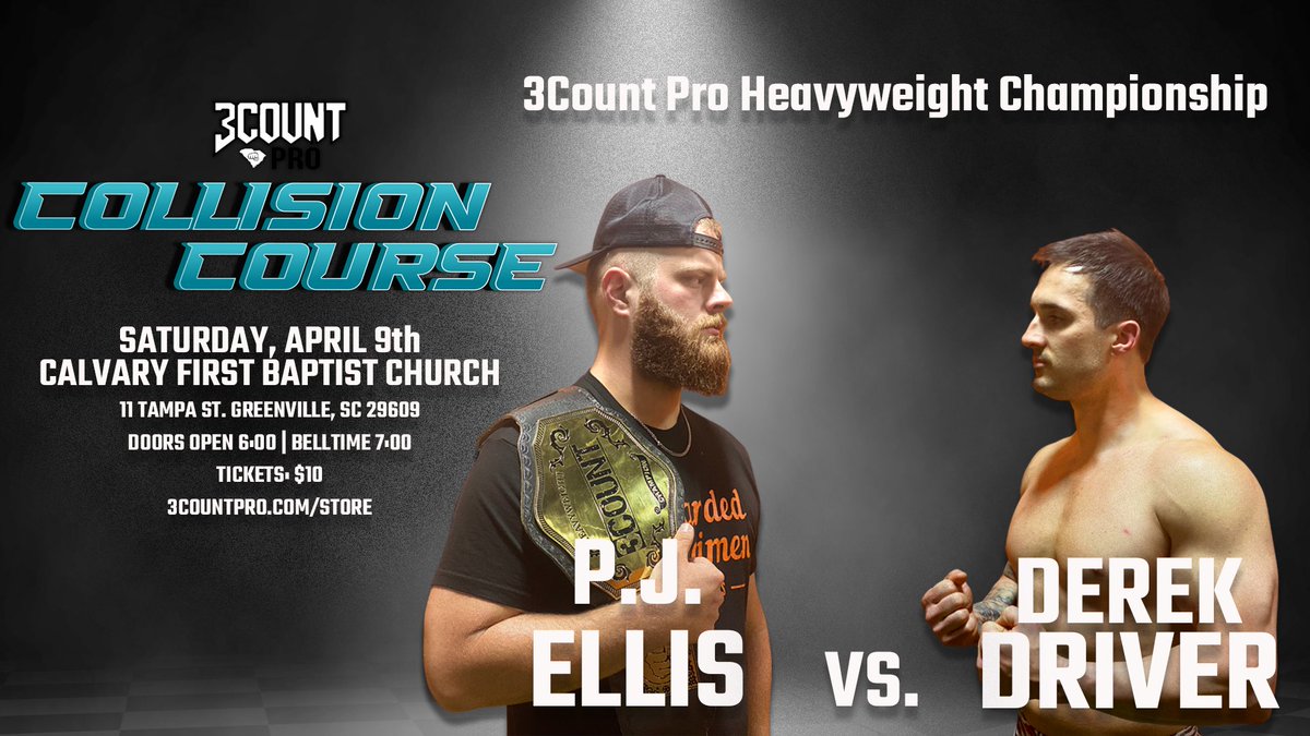 3CountPro's tweet photo. P.J. Ellis has been unstoppable since his return on Pro20 last year. His next defense is against the new #1 contender, Derek Driver! Get your tickets now at https://t.co/uT6T8ZkV5E! #3CountPro #CollisionCourse https://t.co/xx2NGr7wzx