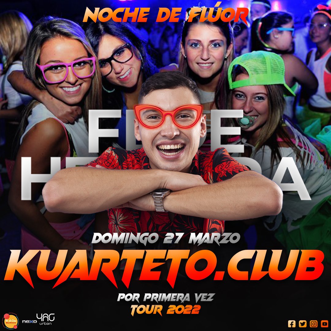 NOCHE DE DOMINGO DIFERENTE 😈🔥

Te traemos una noche llena de cuarteto por primera vez en #KuartetoClub ‼️

NOCHE DE FLÚOR 🟠

¡VOS Y TUS AMIGOS TIENEN QUE ESTAR PRESENTE!

#FedeHerrera #Tour2022 #NocheExclusiva #ExplotaKuartetoClub