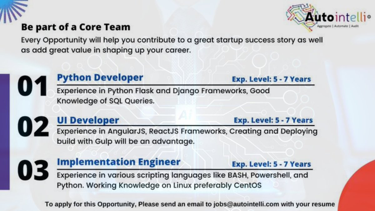 autointelli's tweet image. Autointelli is looking for #UIDeveloper, #PythonDeveloper, and #ImplementationEngineer. Grab this opportunity! 
Send your resume to jobs@autointelli.com