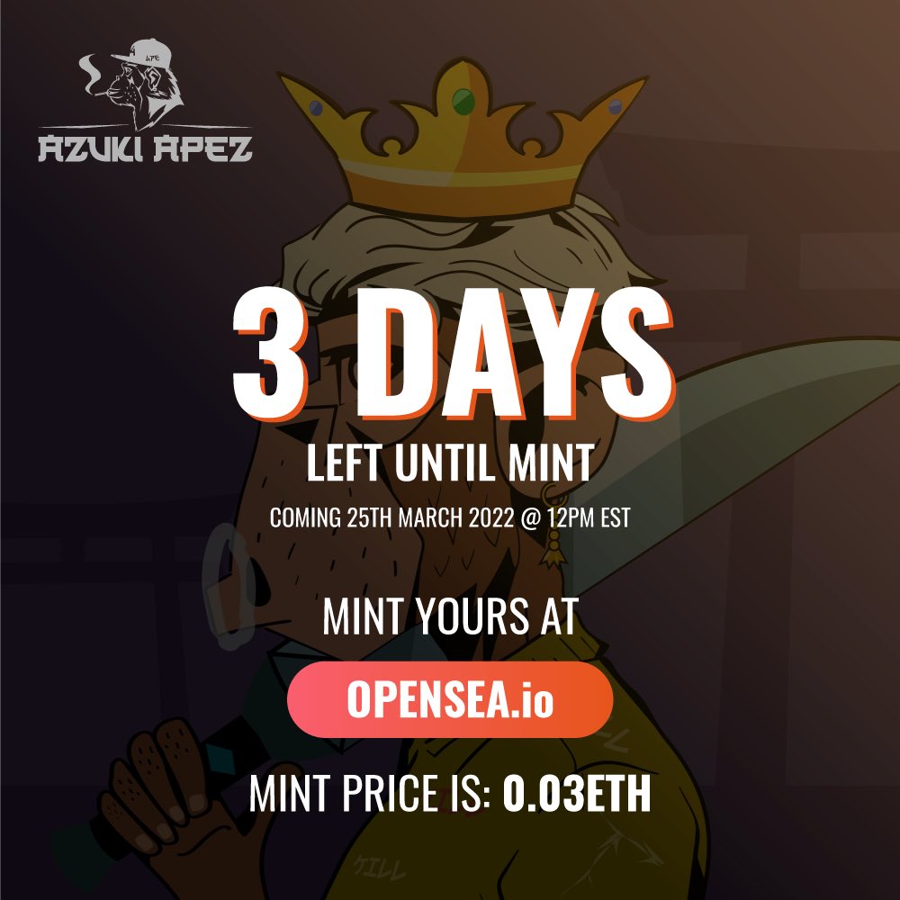 AzukiApez's tweet image. Only 3 Days remaining until Mint 🚀on @opensea Giving away 5 WL spots on our @discord to mint at 50% OFF the first day only to the people that RT and tag the most friends and reply to this tweet. #NFTGiveaway #NFT #WLGiveaway #WAGMI #RETWEEET #LFG