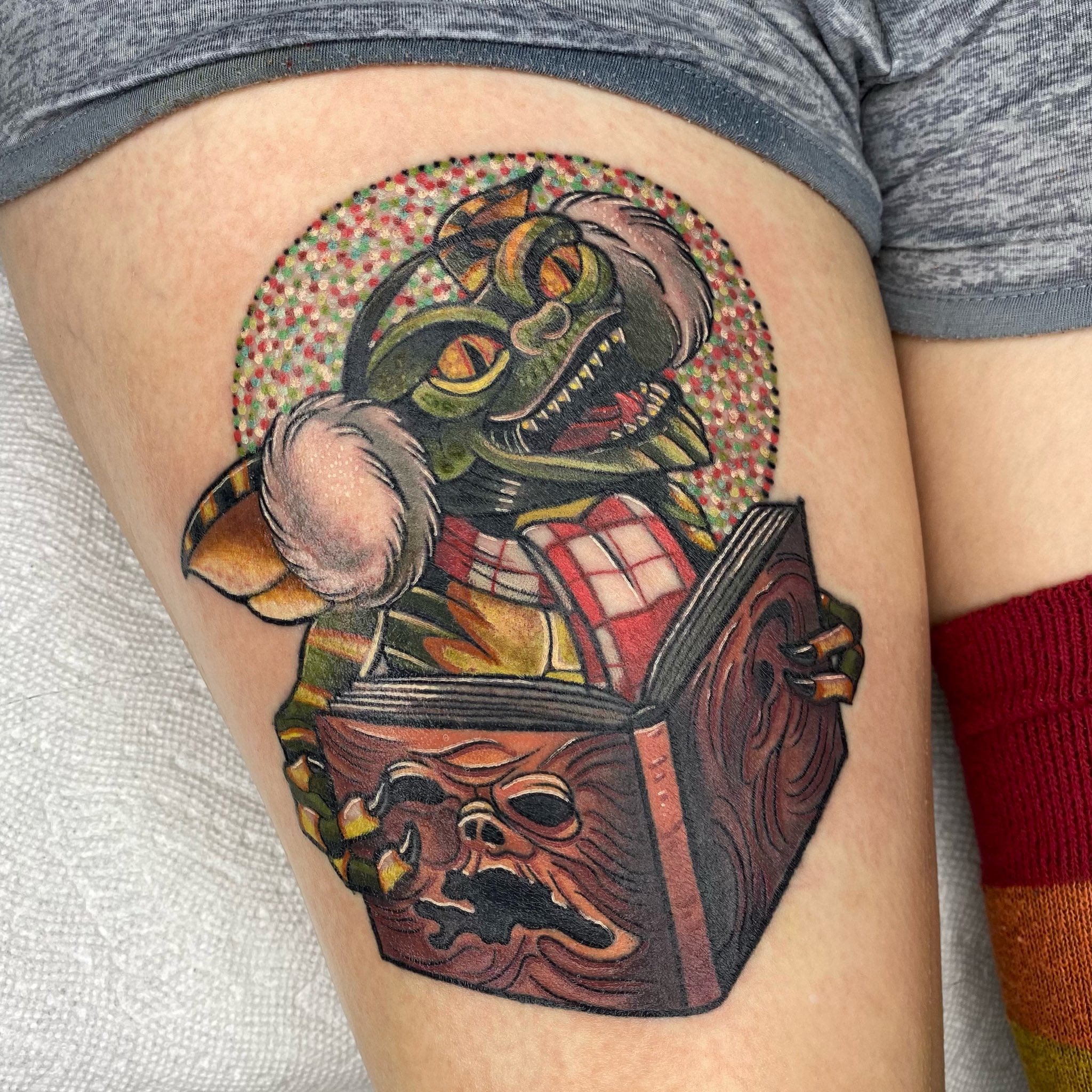 Skylar Rose Wasserman on X: "Finished this friend yesterday ! Some is fresh  and bloody some is healed ! 💚 #tattoo #tattooartist #gremlins  #gremlintattoo #evildead #floridatattooartist #tattoo #horrortattoo  #christmas #christmastattoo #halloween ...