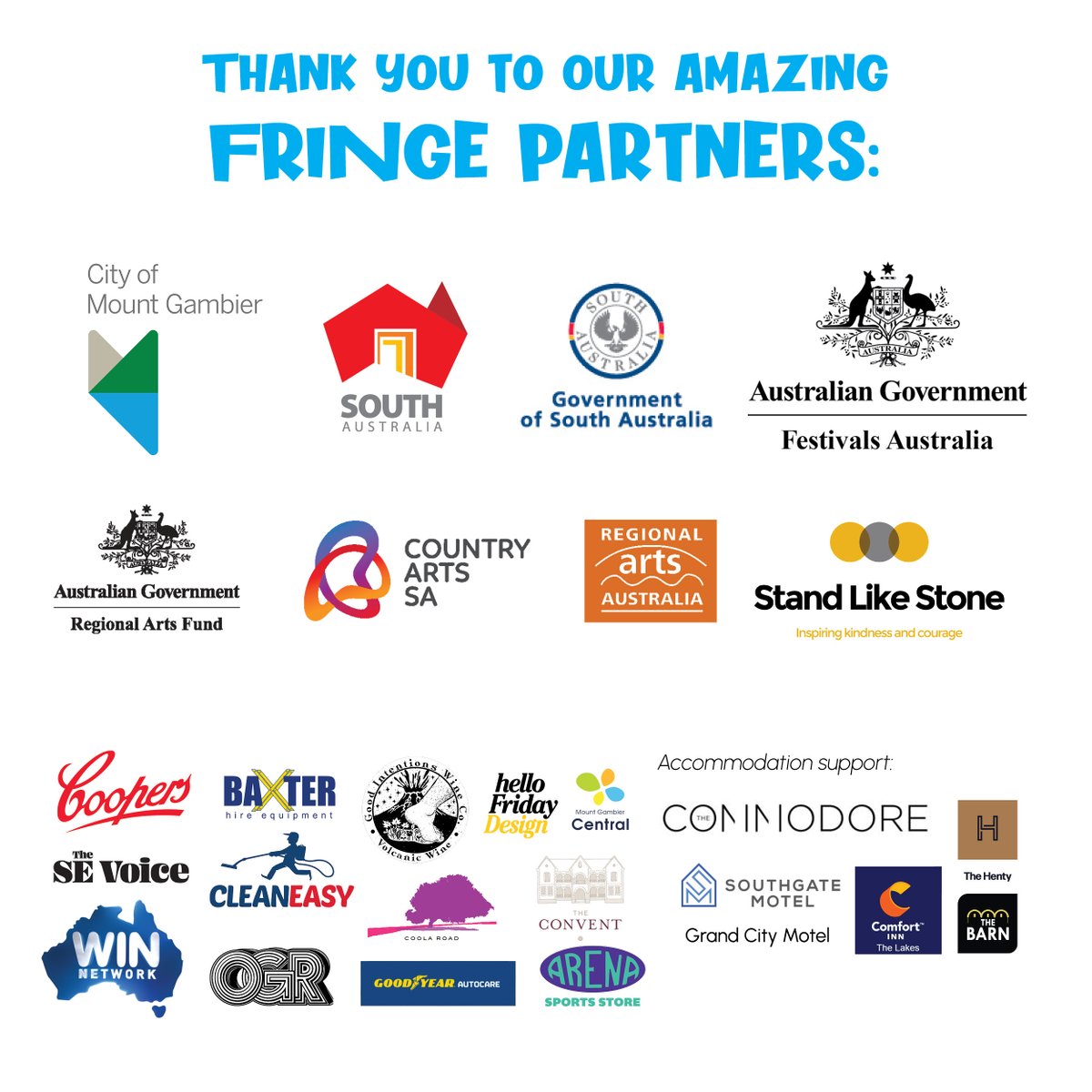 Only a couple of sleeps before the 2022 Fringe Festival kicks off! None of this would have been possible without our amazing supporters.
A huge FRINGE CHEERS to everyone who helps us host SA's largest regional open-access arts festival.
#fringemountgambier #eventssouthaustralia