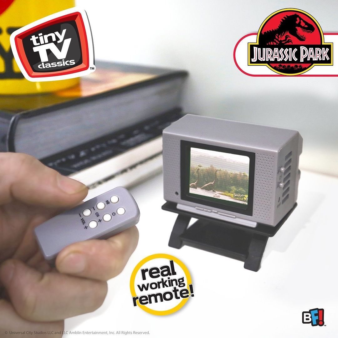 MINI JURASSIC ON TV! Thrilled to see @basicfuntoys’ “Tiny TV Classics Line” take on the iconic Jurassic Park film — use the miniature remote to change channels and watch 12 different scenes (with adjustable volume) on a micro-sized TV set. 1/2