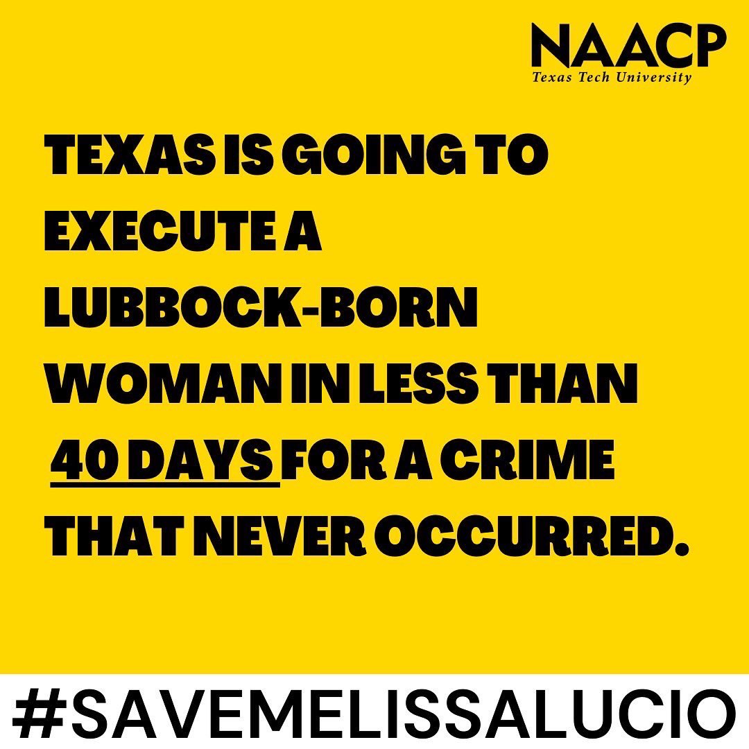 NaacpTexasTech's tweet photo. Community, we need your help today. Melissa Lucio faces execution on April 27th in Texas for a crime that never occurred. See below for further details. Please read &amp; share these key facts before Texas makes the horrid mistake of executing an innocent woman. #SaveMelissaLucio https://t.co/bdq33lw1y9