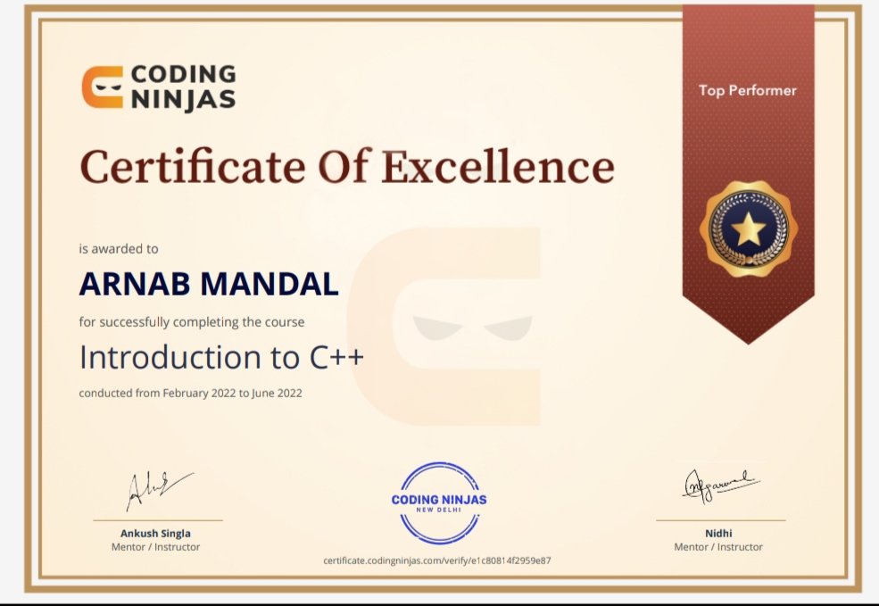 Hi_its_Arnab's tweet image. Going through Competitive Programming course of Coding Ninja and successful achieved the Certificate of Excellence 😄...
#CompetativeProgramming #DSA #CodingNinja