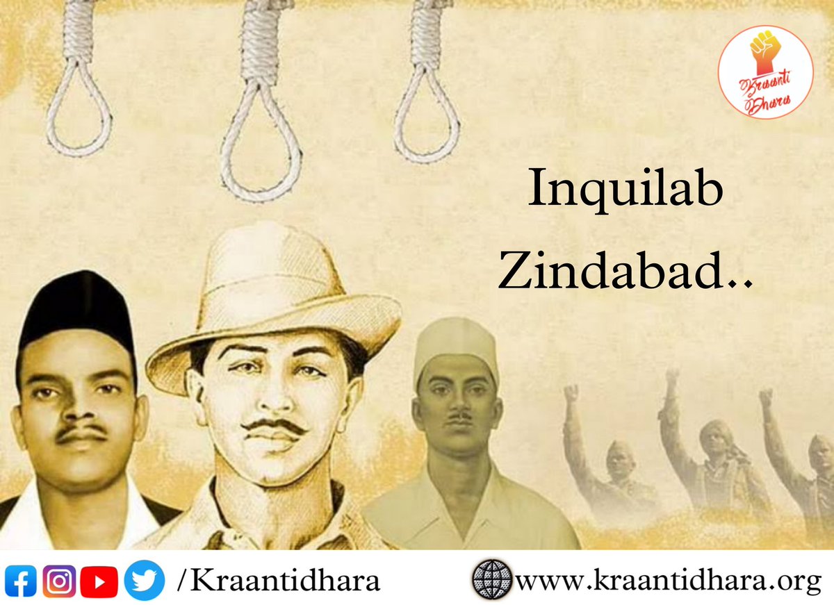 Kraantidhara's tweet photo. "They can kill me, but they cannot kill my ideas They can crush my body, but they will not be able to crush my spirit."

Remembering our heroes revolutionaries #Sukhdev
#Rajguru #Bhagat_Singh on their #MartyrsDay.Today is a day full of sorrows as well as proud.
#InquilabZindabad https://t.co/t4fDuWeeBi