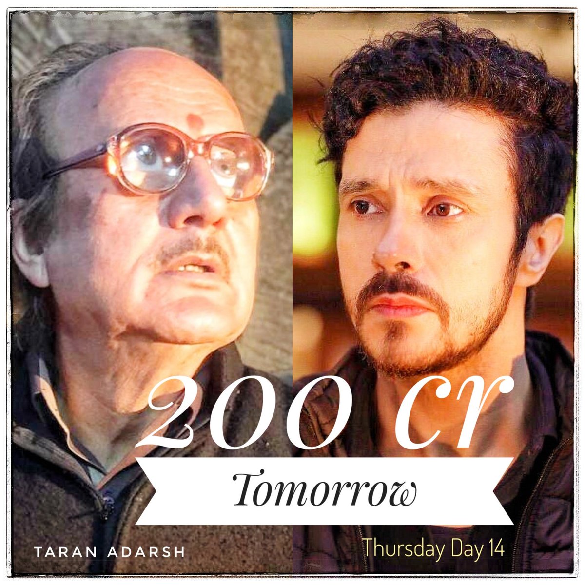taran_adarsh's tweet photo. #TheKashmirFiles continues to stand tall, runs triumphantly on weekdays... Trending strongly on weekdays... Will cross ₹ 200 cr tomorrow [Thu; Day 14]... [Week 2] Fri 19.15 cr, Sat 24.80 cr, Sun 26.20 cr, Mon 12.40 cr, Tue 10.25 cr. Total: ₹ 190.10 cr. #India biz. https://t.co/DOAj86pmw8