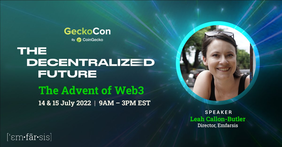 Emfarsis Director <a href="/leah_cb/">Leah Callon-Butler</a> will be participating as a speaker at <a href="/coingecko/">CoinGecko</a>'s #GeckoCon2022 online event happening on July 14-15.

We are raffling away 5 tickets to the event! Simply like and RT this post for a chance to win! 🎫 Giveaway ends on Wednesday, March 30.