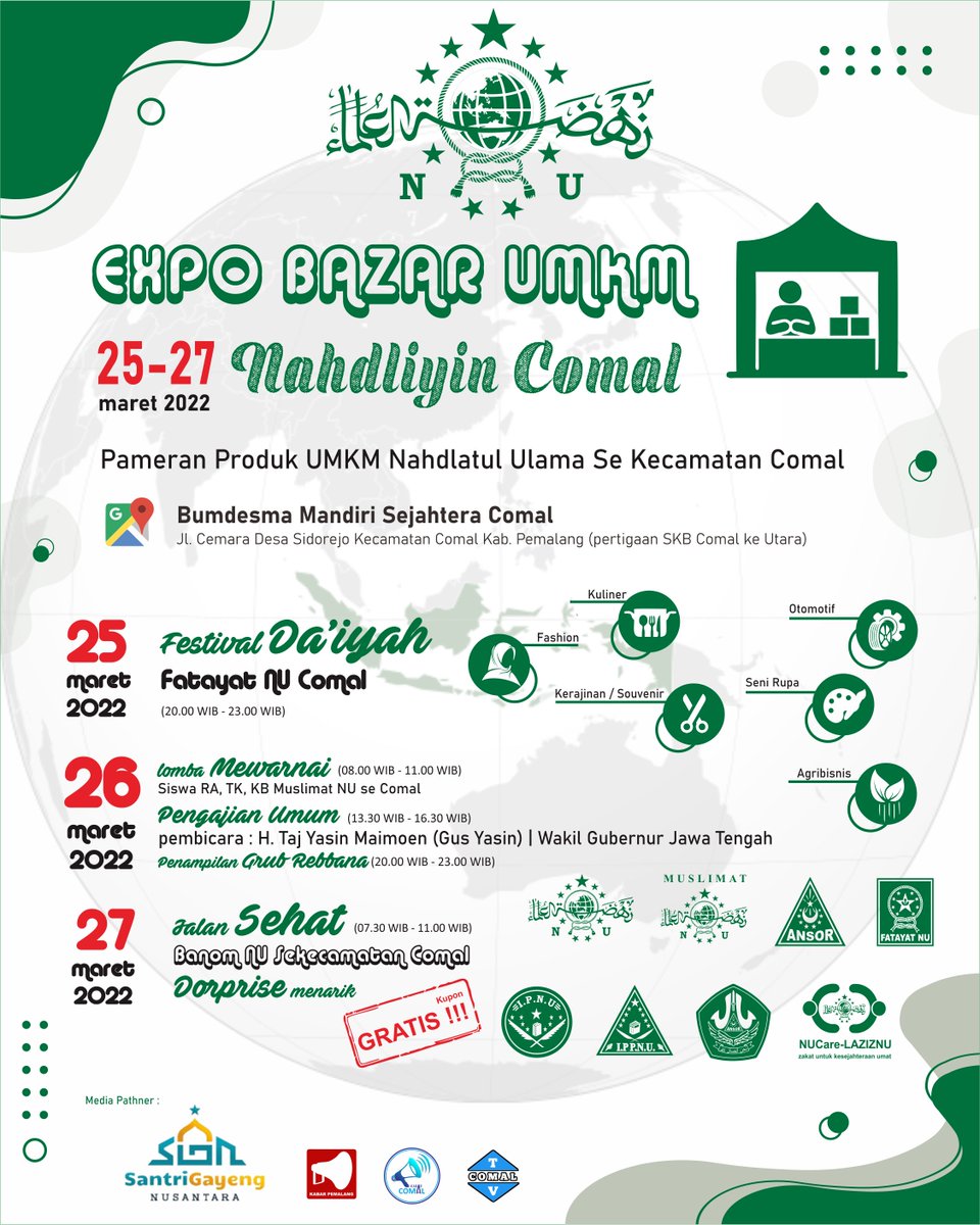 kabarcomal's tweet photo. :
Bazar Expo UMKM Nahdliyin Comal 2022
Pameran Produk UMKM Nahdlatul Ulama Se Kecamatan Comal.
Kuliner | Fashion | Kerajinan / Souvenir | Otomotif | Seni Rupa | Agribisnis

#nahdaltululama #mwcnucomal
#santrigayeng #kabarpemalang #kabarcomal #comaltv https://t.co/Mh0iFfAAsB