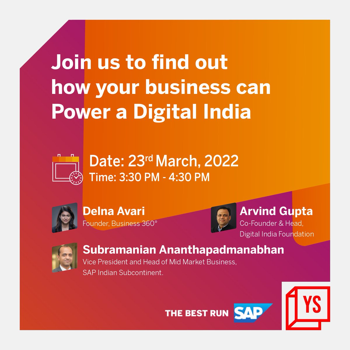 subbu_ananth's tweet photo. Looking forward to sharing my views on how @SApIndia is #PoweringADigitalIndia alongside @buzzindelhi and @delnaavari today. Do register if not already, https://t.co/gOK9fRqMHh #SAP4SMEs #MidmarketMatters https://t.co/wzg8OiD27J