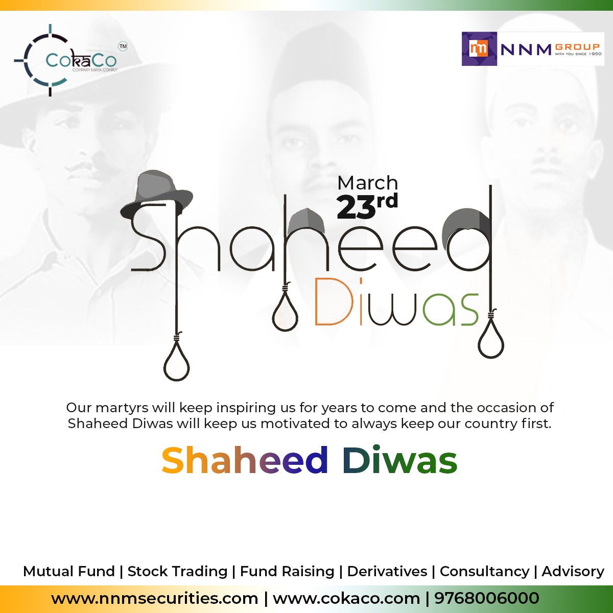 cokaco_'s tweet photo. We can never thank them enough for their #sacrifice. This Shaheed diwas, #CoKaCo salutes the #martyrs.
#BhagatSingh #Rajguru #Sukhdev #Inqilab #Freedom #India https://t.co/axUpqPKpPV