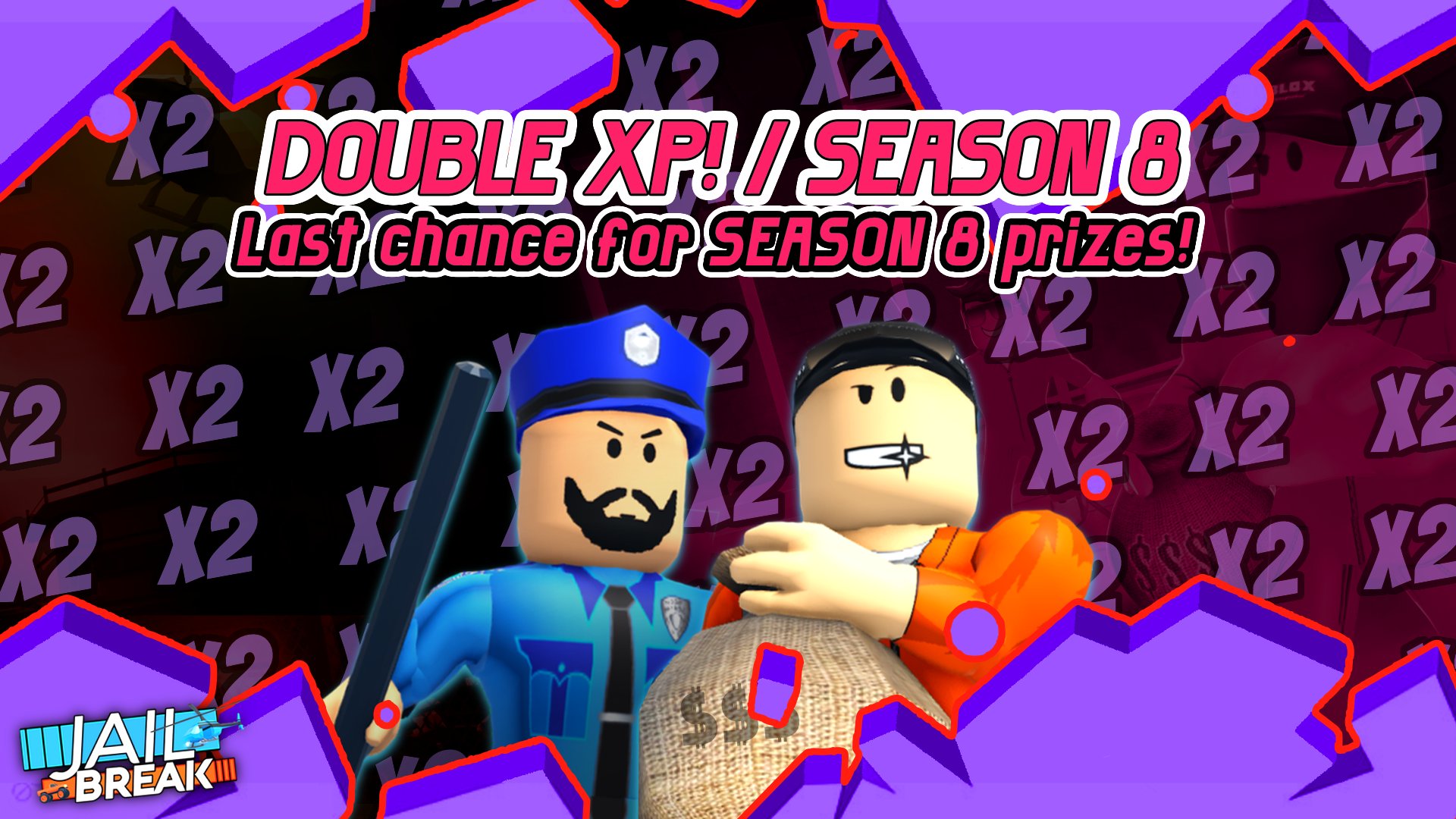 Badimo (Jailbreak) on X: ⏰ Double XP is LIVE in all servers! This is your  last chance to grab amazing Season 10 prizes! Send us screenshots of your  favorites! #Roblox #Jailbreak 👉