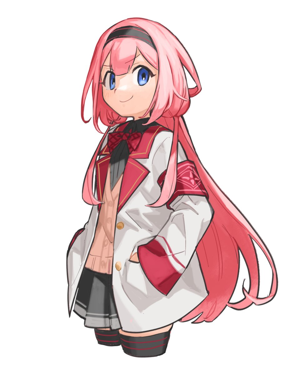 1girl solo thighhighs long hair pink hair armband smile  illustration images