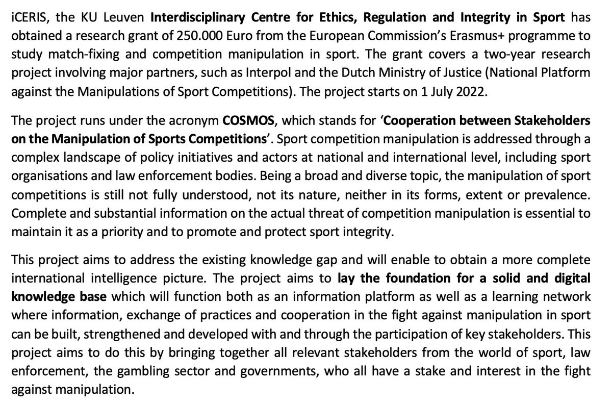 icerisleuven's tweet photo. iCERIS has obtained a research grant of 250.000 Euro from the European Commission’s Erasmus+ programme to study match-fixing and competition manipulation in sport. https://t.co/7hI0bsix2G