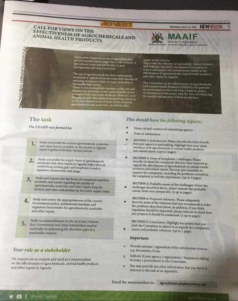 In today’s <a href="/newvisionwire/">The New Vision</a> : Call for Views on the Effectiveness of Agrochemicals and Animal Health Products. Members of the public are all welcome to get in touch and share views with the committee.

#AgricultureUG 
<a href="/FrankTumwebazek/">Frank K Tumwebaze,MP: Isaiah 41: 11</a>